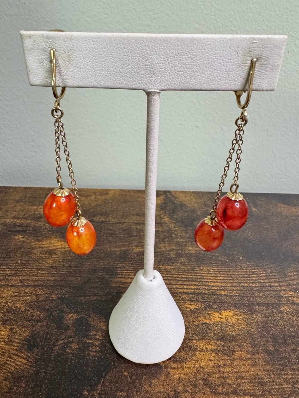 Sarah Coventry Gold-Tone Chain Drop Earrings with Orange and Red Glass Beads